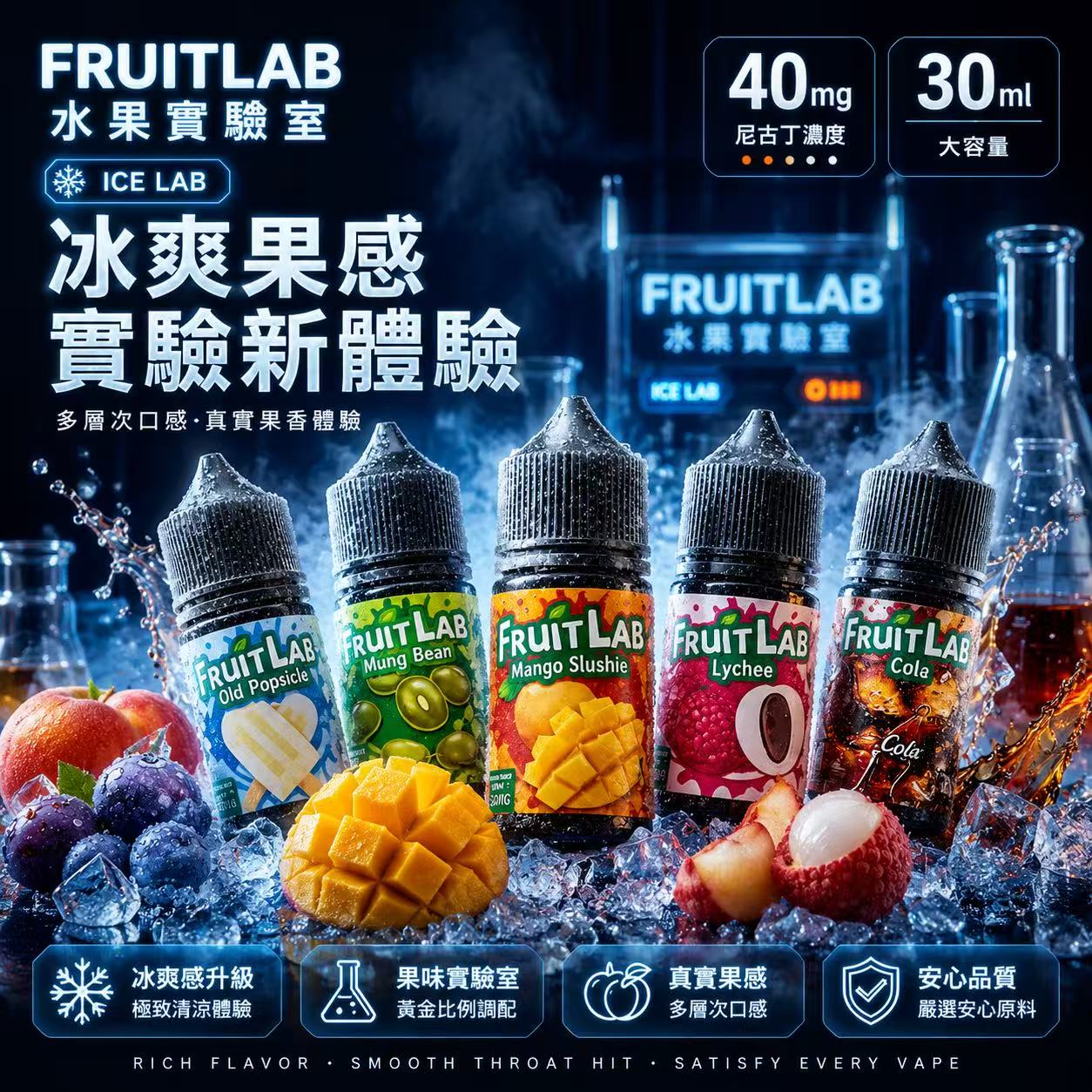 FruitLab 水果實驗室煙油 30ml 30mg 冰爽果香系列瓶身展示
