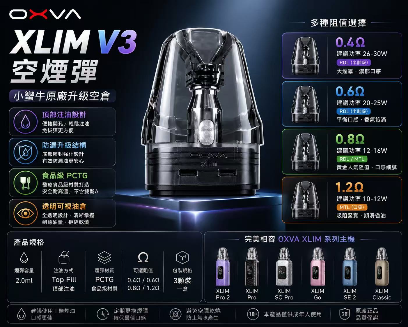 OXVA XLIM V3 空煙彈 頂部注油 0.8Ω PCTG 材質透明油艙展示