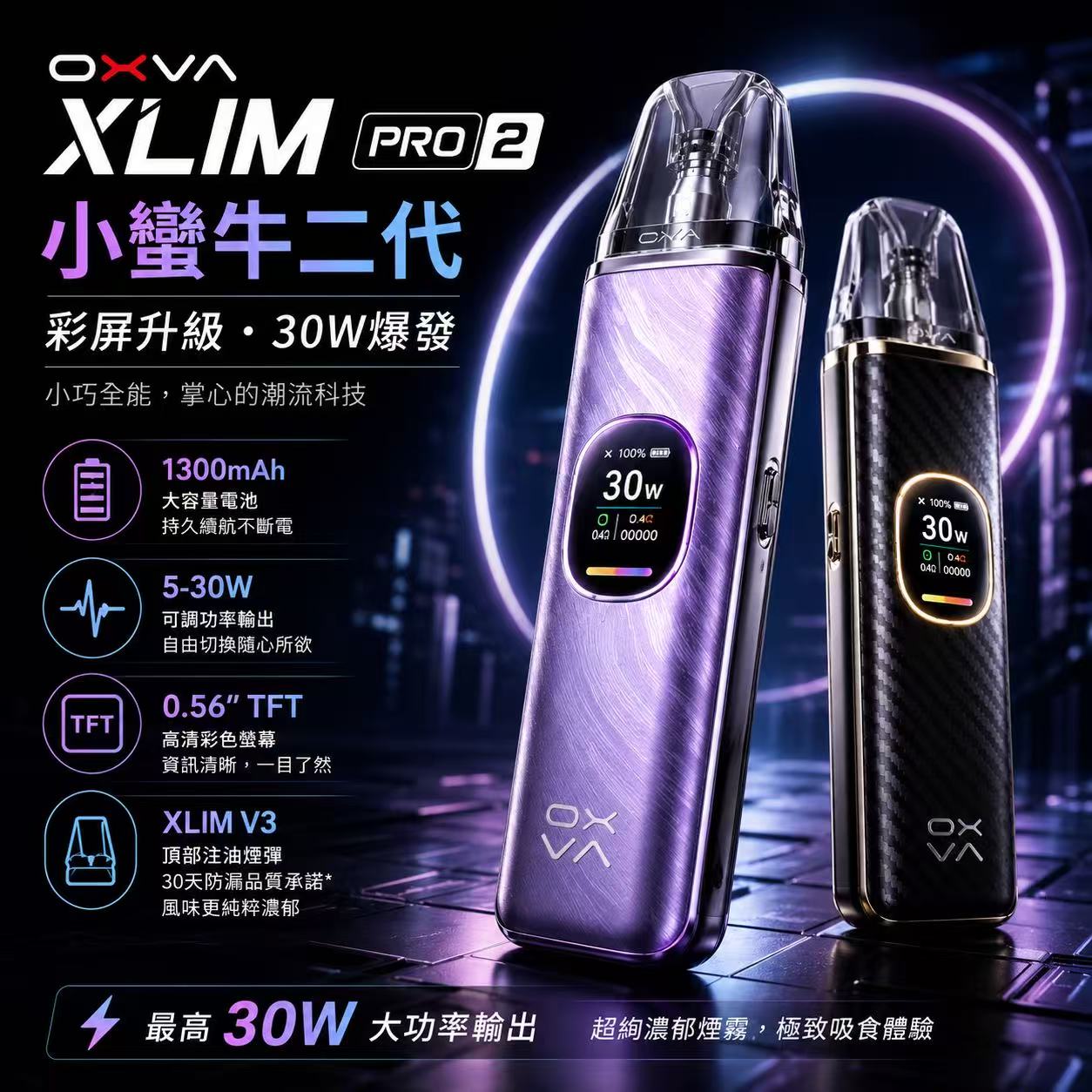 OXVA XLIM PRO 2 小蠻牛二代 1300mAh TFT 彩屏小煙主機展示