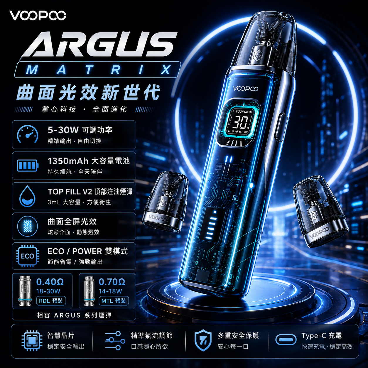 VOOPOO ARGUS Matrix 賽博龐克曲面全屏小煙主機展示
